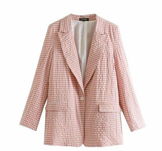 2019 Pink Plaid Suit Sets Single Button Blazer High Waist Harem Pants Office Lady Formal Summer Two Piece Set